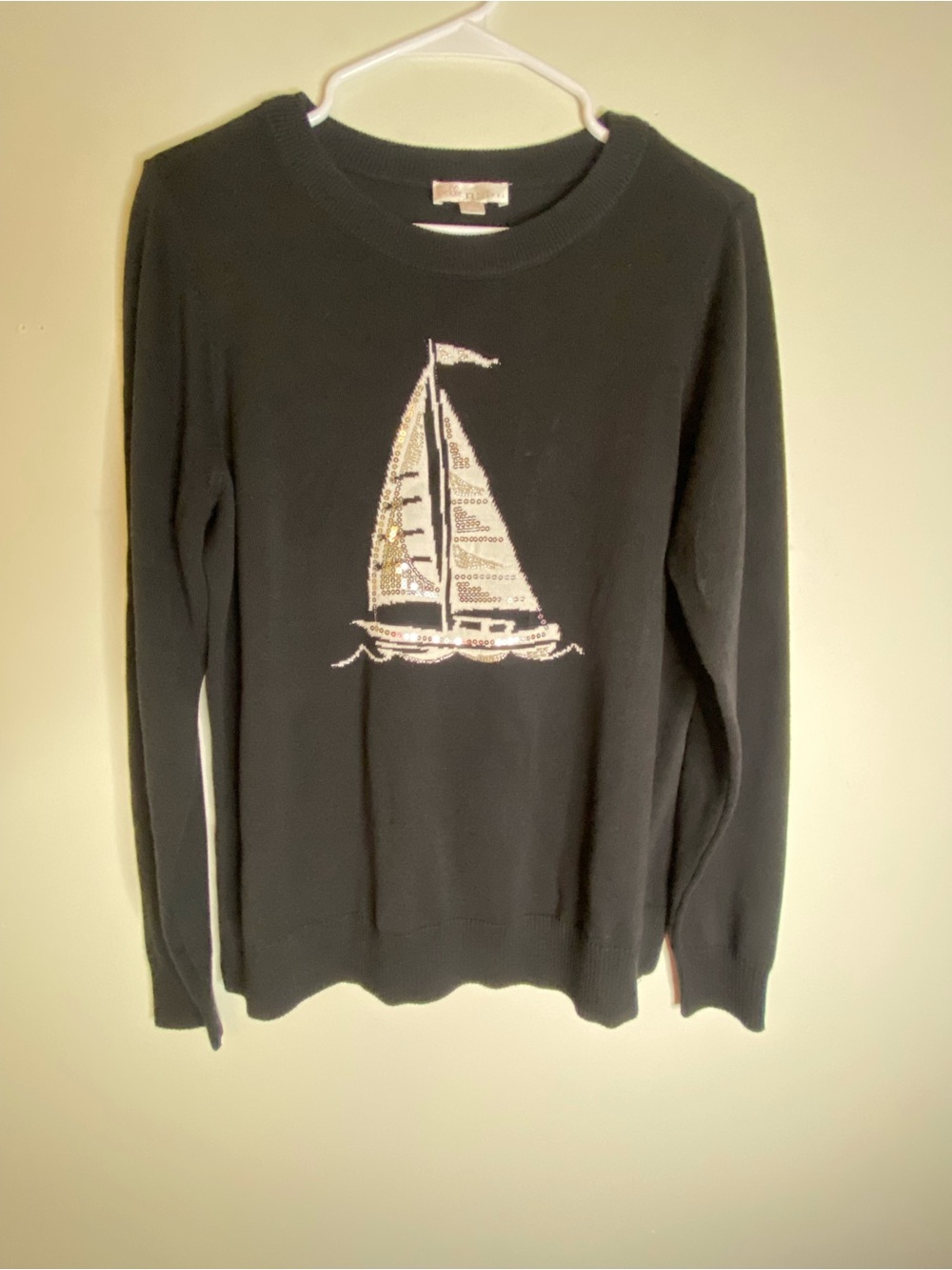 Belle by Kim Gravel Black Crewneck Sweater with Sequin Sailboat